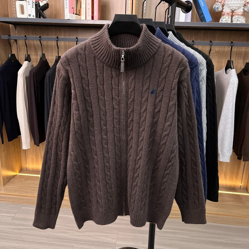 Herbst-Winter-Klassik-Strickjacke für Herren mit Stickerei und Reißverschluss, einfarbige Strickjacke mit langen Ärmeln, lässige, weiche Herrenbekleidung – Detail 7