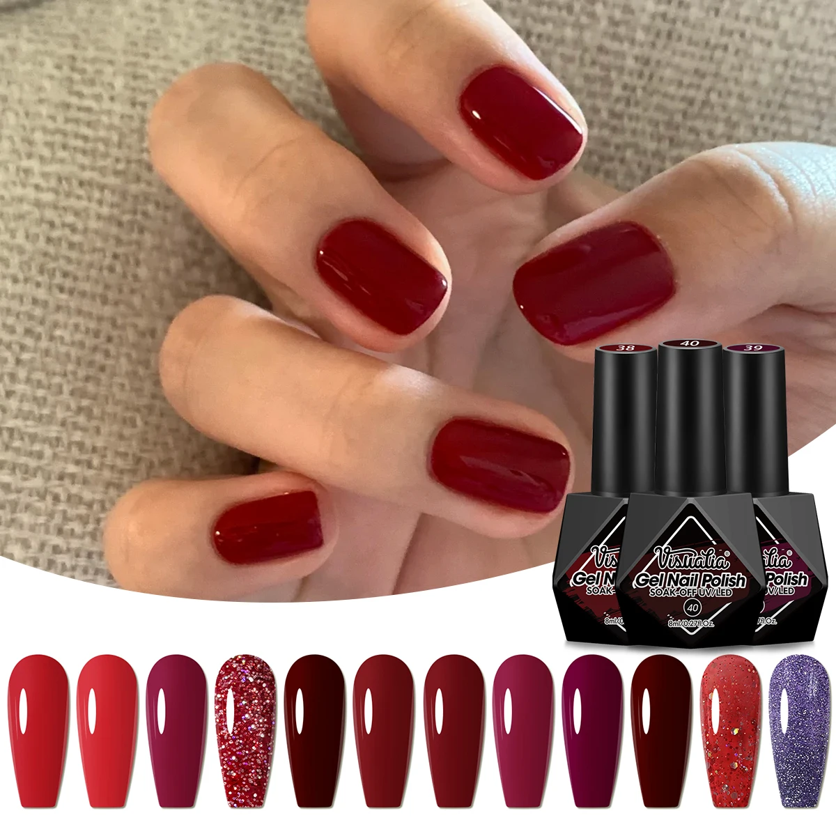 6-delige geometrische patroon glanzende ronde hypoallergene kleur gel nagellakset, langdurige UV LED, geen smaak, bruin rood roze mult