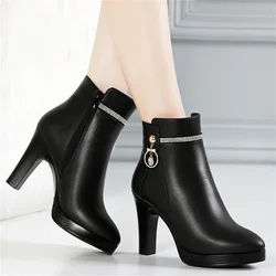 Fashion Soft Leather Women Ankle Boots High Heels Female Zipper Shoes Warm Fur Winter Boots Women Platform Pumps Size 34-41