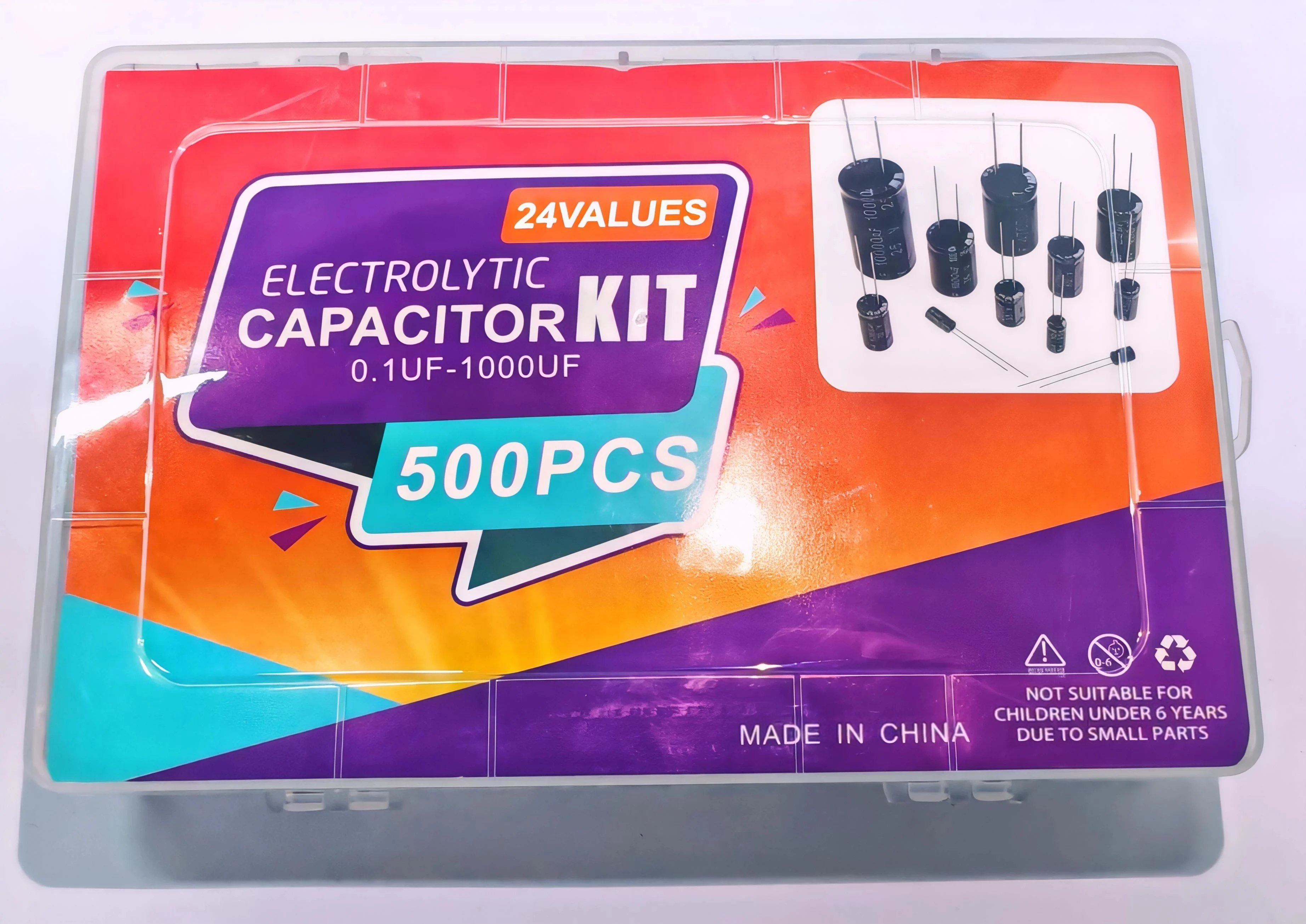 500pcs/Box Aluminum Electrolytic Capacitor Electrolytic Capacitors Kit 24Value Range 0.1uF-1000uF Capacitors Assortment Kit