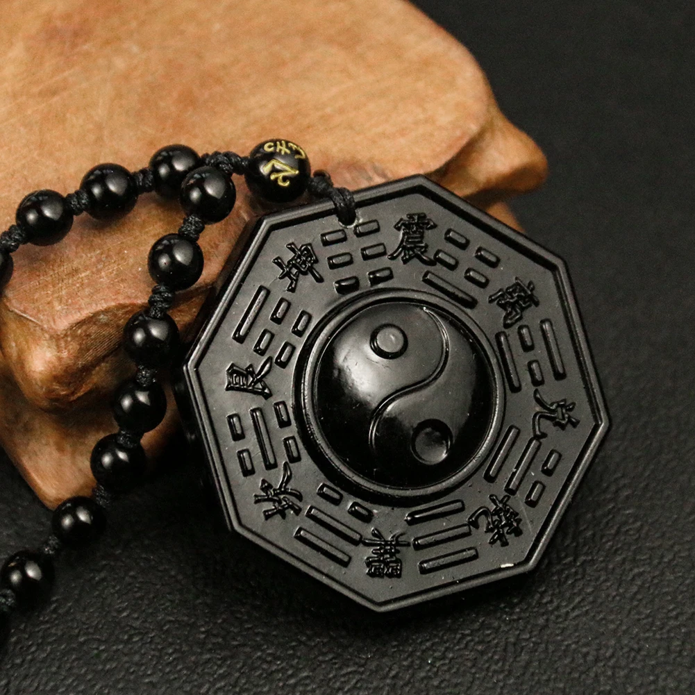 Obsidian Stone Taoism Necklace Black Pendant Chinese Tai Ji Ba Gua Octagon Long Sweater Chain Amulet Mascot Men Taoist Jewelry