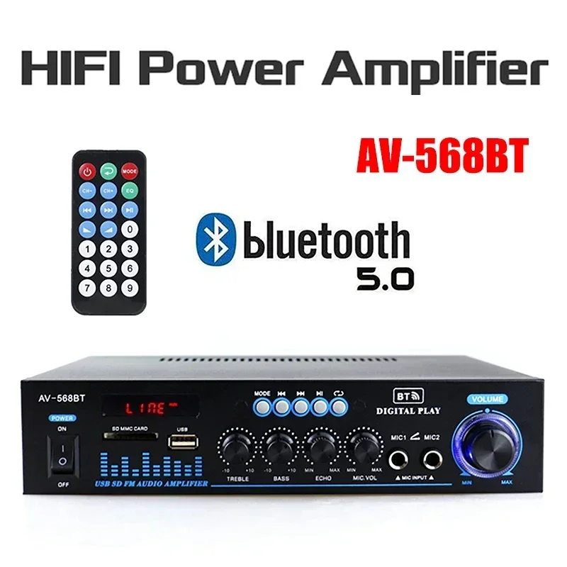 

Audio Power Stereo Amplifier AV-568BT Bluetooth Amplifiers 2.0 Channel Theater 50Wx2 With 2 RCA Inputs USB SD Readers EU/US Plug