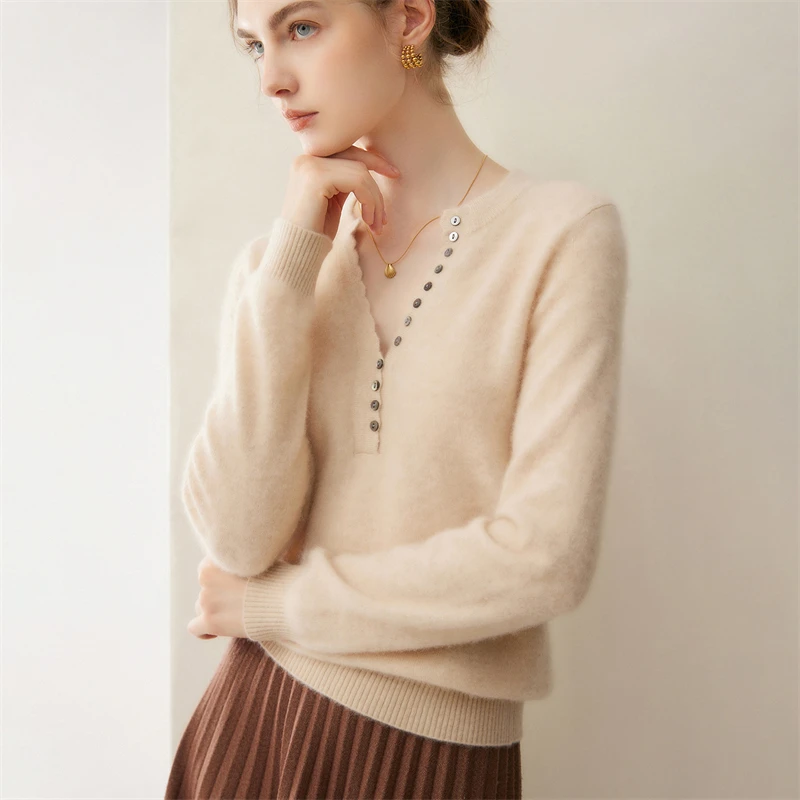 100% cashmere minimalist style scissor neck multi button pullover knitted sweater for women, loose and slimming sweater for comm