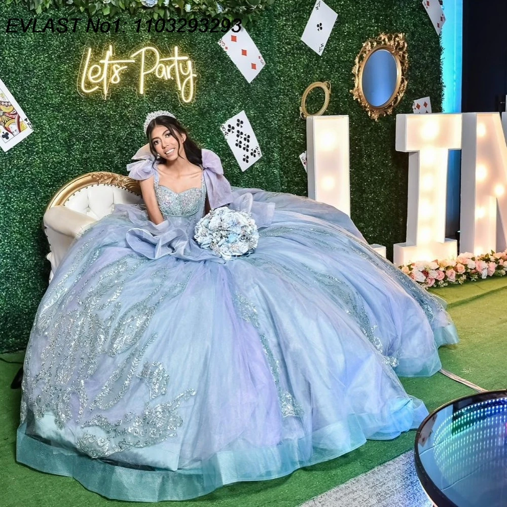 

EVLAST блестящее небесно-голубое платье Quinceanera по индивидуальному заказу, бальное платье с блестками, аппликацией и бисером, галстуком Sweet 16, Vestidos De 15 Anos E1QN434