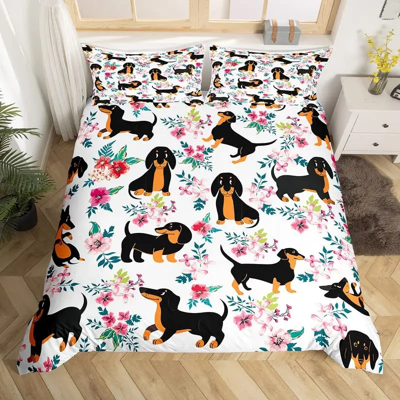 Sausage Dog King Queen Duvet Cover Floral Dachshund Bedding Set Cartoon Puppy Animal Comforter Cover Pet Polyester Quilt Cover