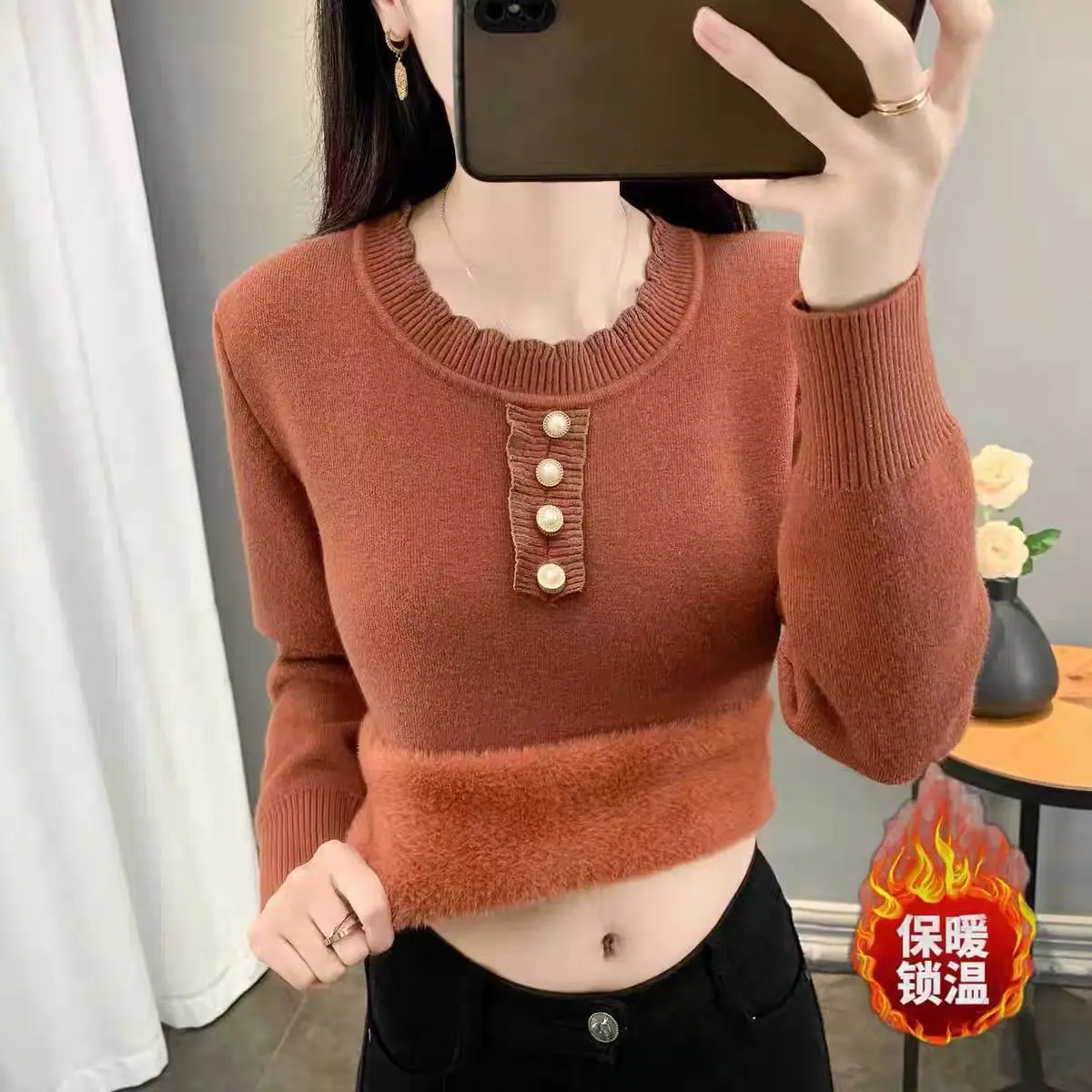 

New Round Neck Integrated Warm Knitted Sweater Pullover Bottoming Shirt Female Top NEW Autumn Winter Women Sweater Jumper