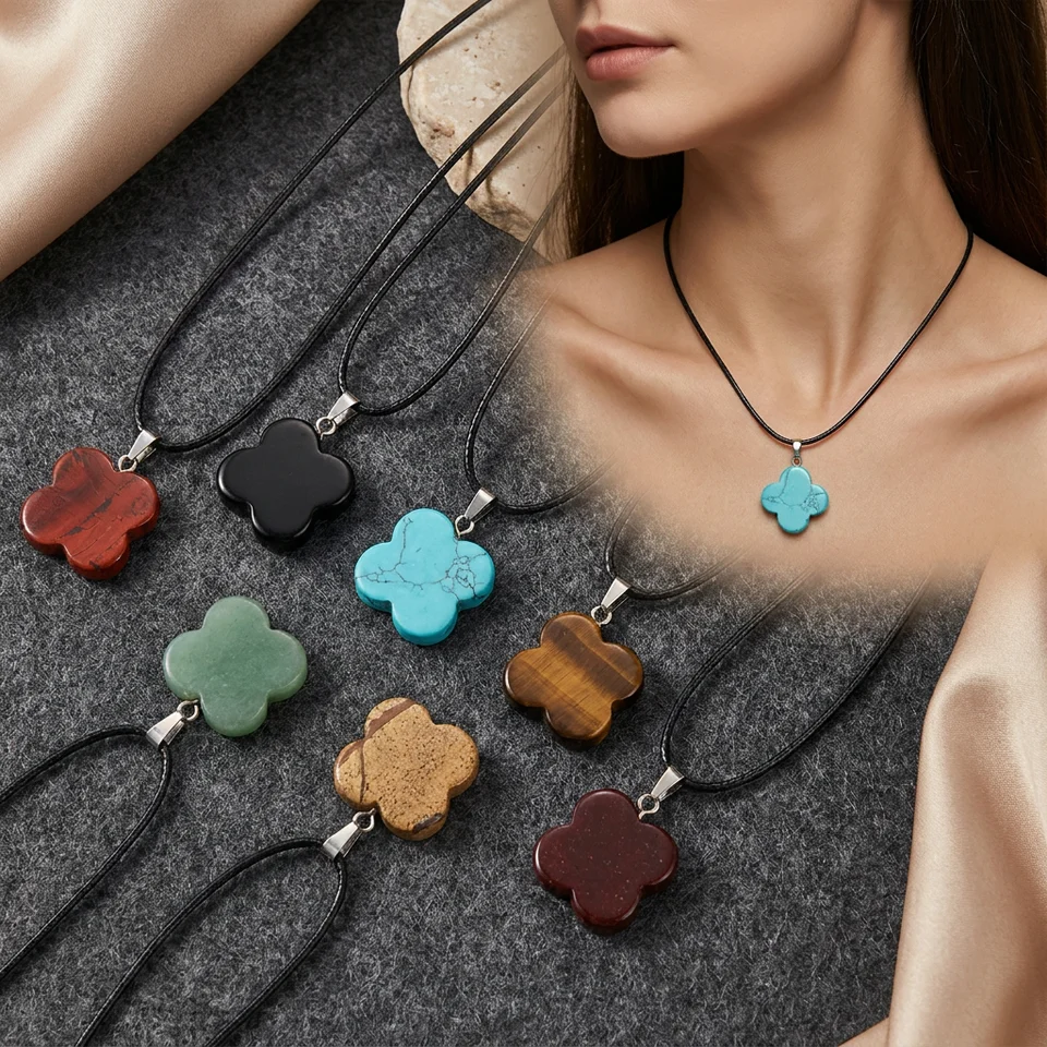 Natural stone four-leaf flower pendant necklace, handmade four-leaf flower gemstone women's collarbone chain.