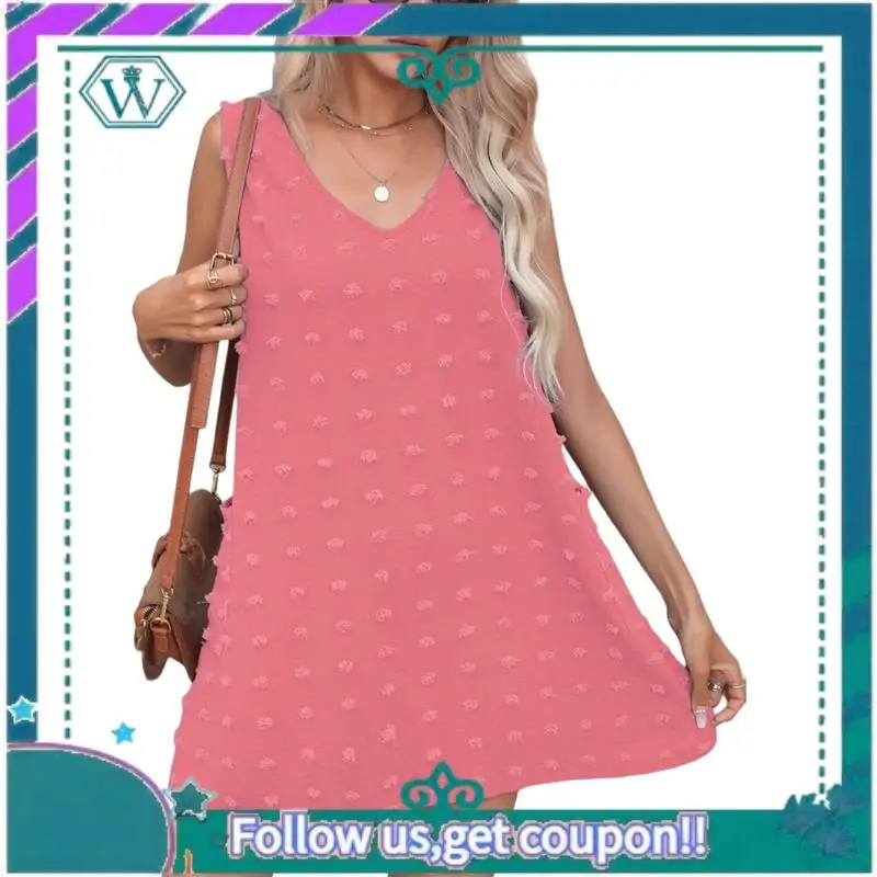 A09P Dames Casual Zomerzonjurken Polka Dot Beach Cover Up V-hals Mouwloze Tankjurk Met Zakken
