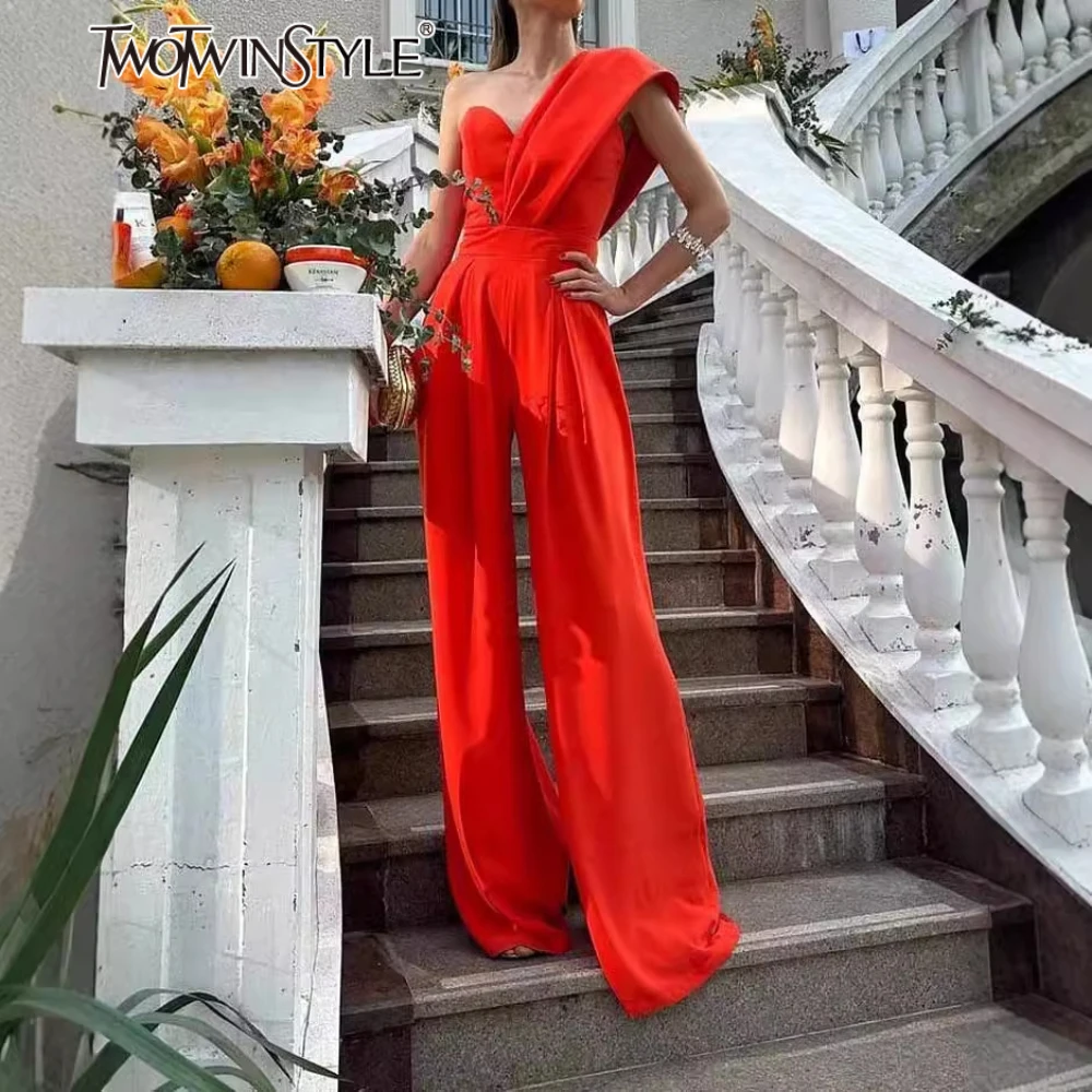 TWOTWINSTYLE Solid Slimming Chic Jumpsuits สําหรับผู้หญิงที่ไม่มีสายหนัง Patchwork พับ Jumpsuit กางเกงหญิงใหม่แฟชั่นใหม่