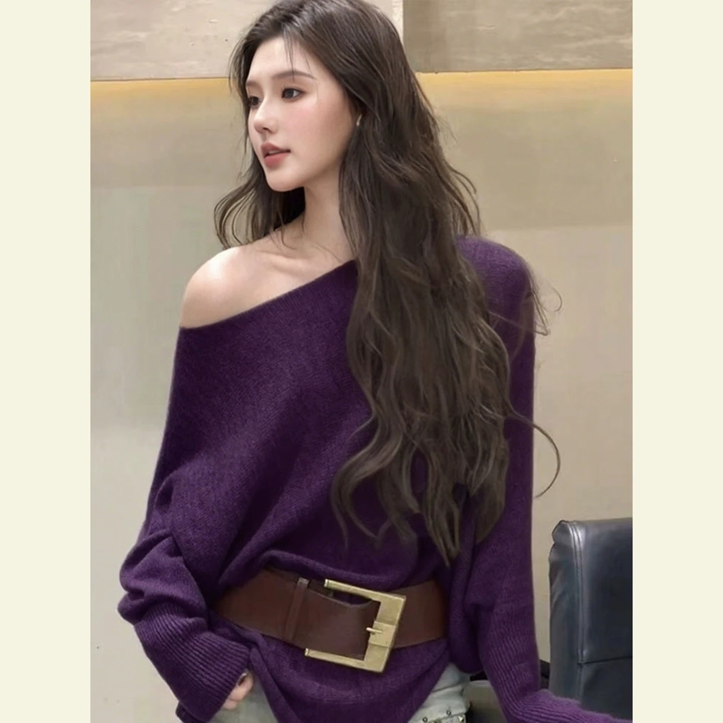 

Women's Off-Shoulder Wool Sweater Korean Fashion Loose Knitted Top with Asymmetric Neckline Two-Way Wear Pullovers F189
