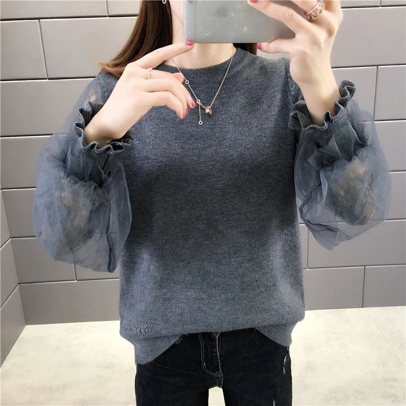 Fashion Women Spring Chunky Knit Sweater Autumn Mesh Patchwork Design Lace Ruffles Jumper Pullover O-Neck Long Sleeve Tops