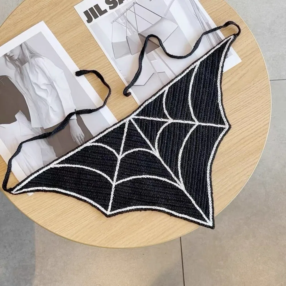 Cotton Material Triangle Scarf Bat Spider Web Pattern Halloween Headscarf Adjustable Breathable Knitted Hollow Headband