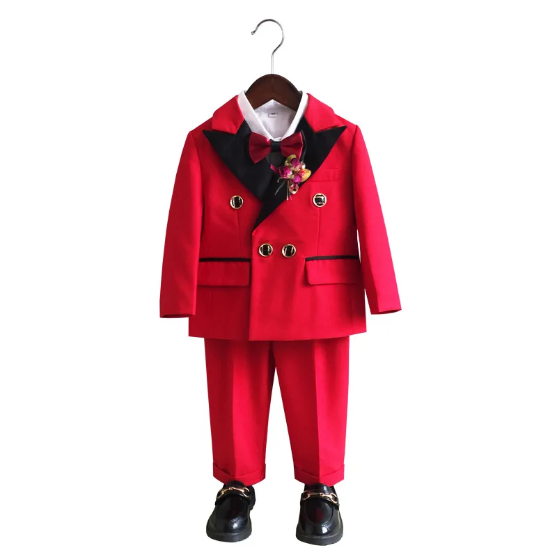 Children New Year Red 3Pieces/Set Jacket Pants Bowtie Photograph Suit Kids 1 Year Birthday Costume Boys Wedding Party Dress