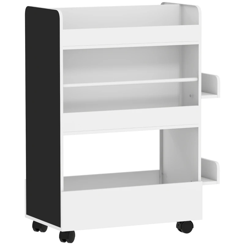 Étagère pour enfants de 86,5 cm de hauteur avec tableau noir latéral pour le dessin créatif et l'apprentissage, 4 étagères de présentation et un grand espace de rangement inférieur, 2 poches latérales, rotation fluide à 360° °   Roues (2 avec freins), capacité de 19 kg, pour les enfants de 3 à 8 ans