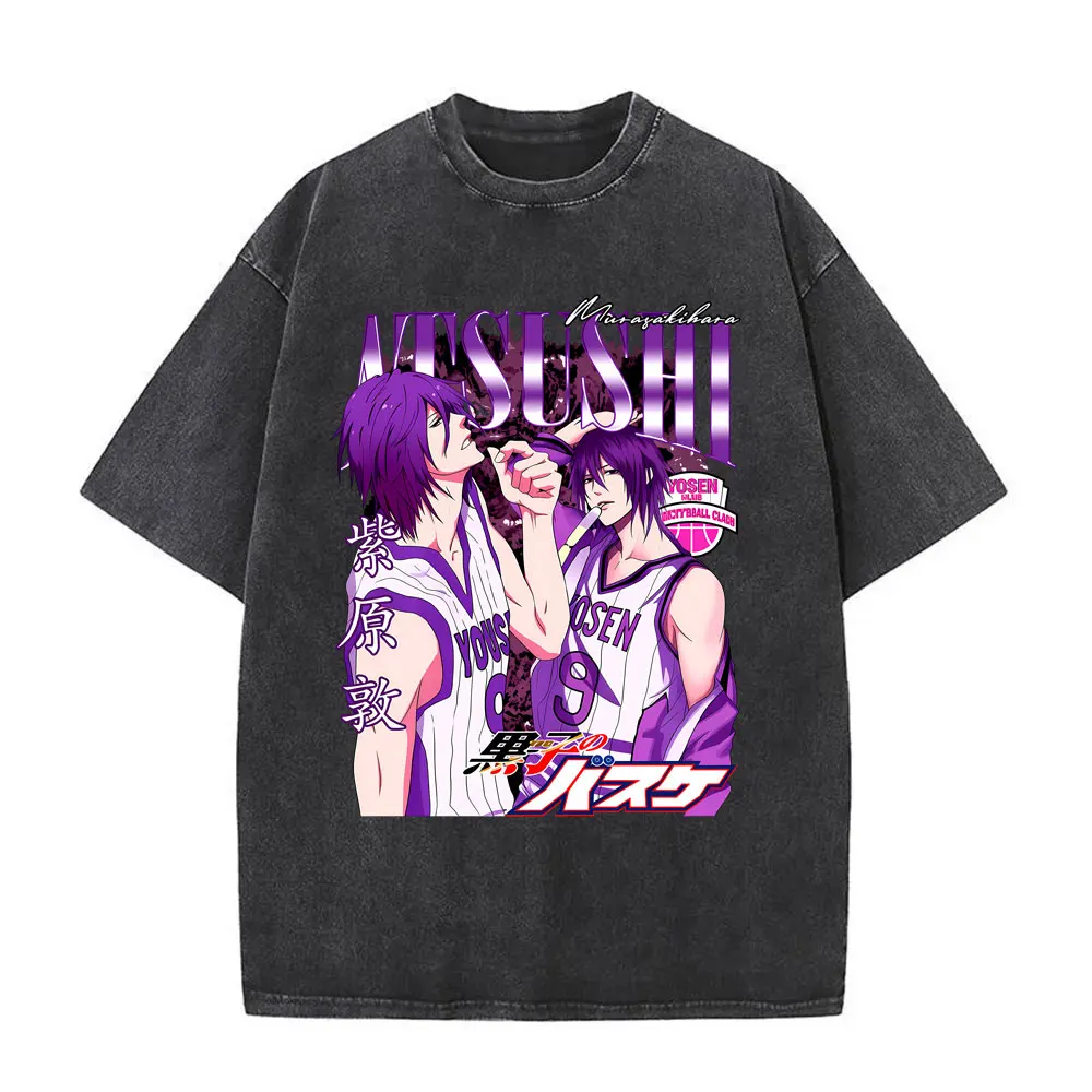 Gewaschenes Vintage Anime Kurokos Basketball Murasakibara Atsushi Grafik-T-Shirt Herren Manga Retro T-Shirts Herren Oversized T-Shirts