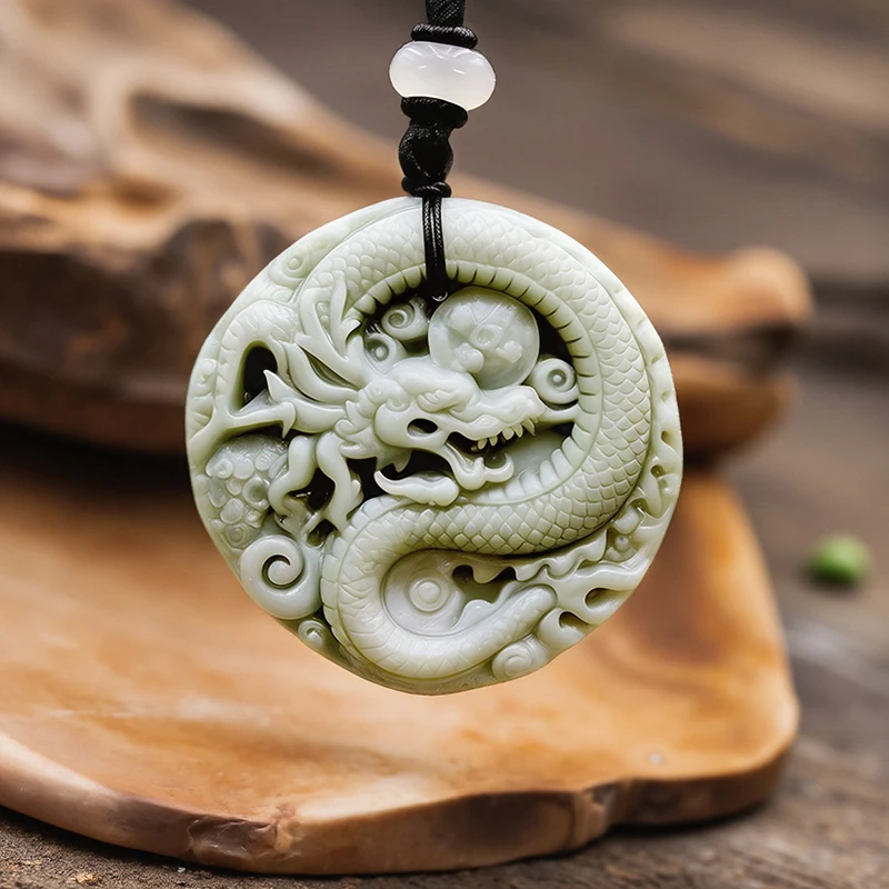 Grüne echte Jade-Drachen-Anhänger-Halskette, natürlicher Schmuck, Accessoires, luxuriöser Stein-Charm, Talismane, Geschenke für Frauen und Männer, Mode