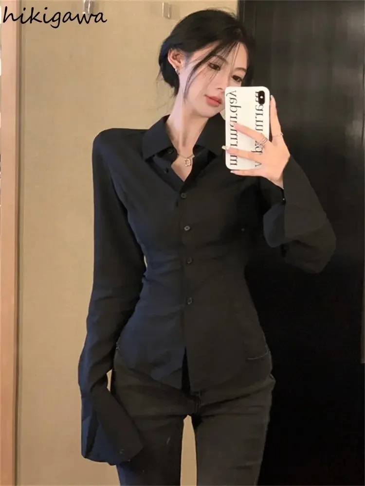 Black Shirts Women Clothing Slim Waist Flare Sleeve Blouses 2023 Blusas De Mujer Fashion Korean Temperament Blouse Tops 27p503