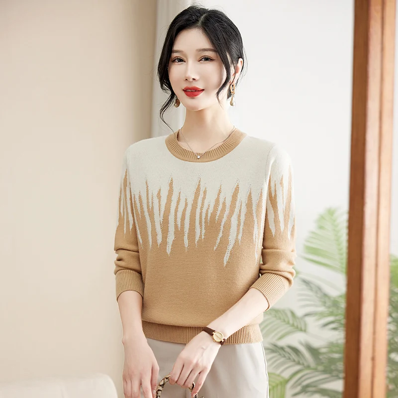 

Модный вязаный свитер для женщин среднего возраста, осенняя коллекция, базовый топ для многослойных образов, из полиэфирного волокна