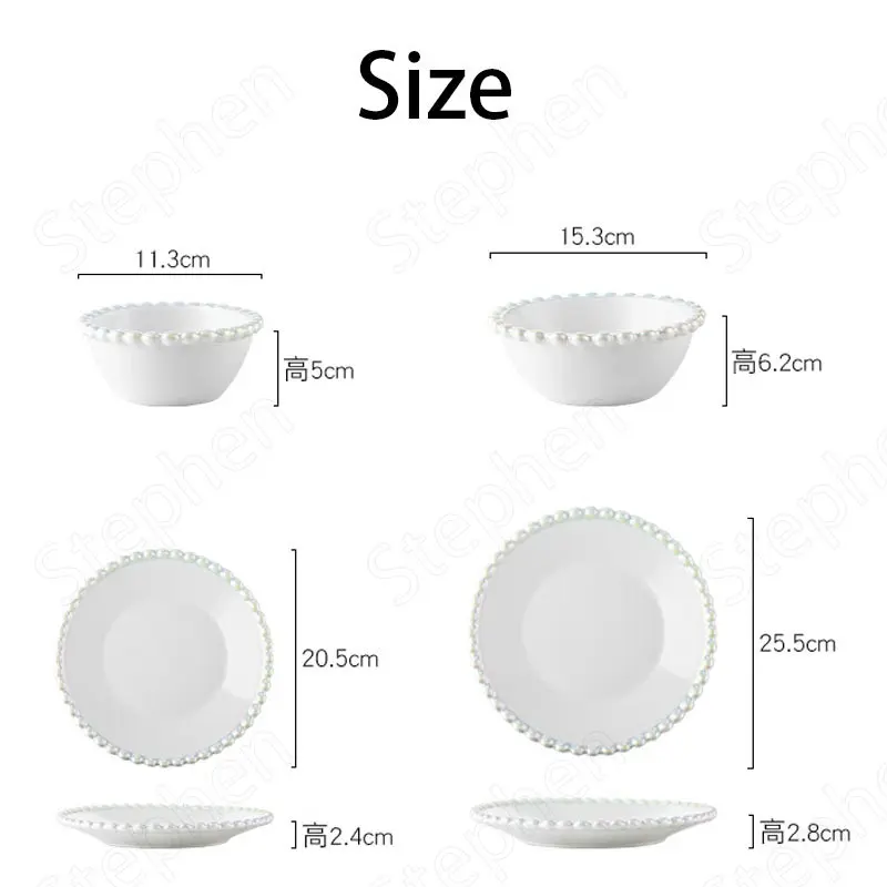 White Bead Edge Dinner Set Plates and Dishes Nordic Modern Steak Pasta Plate Pearl Glaze Fruit Salad Bowl Cake Dessert Dish