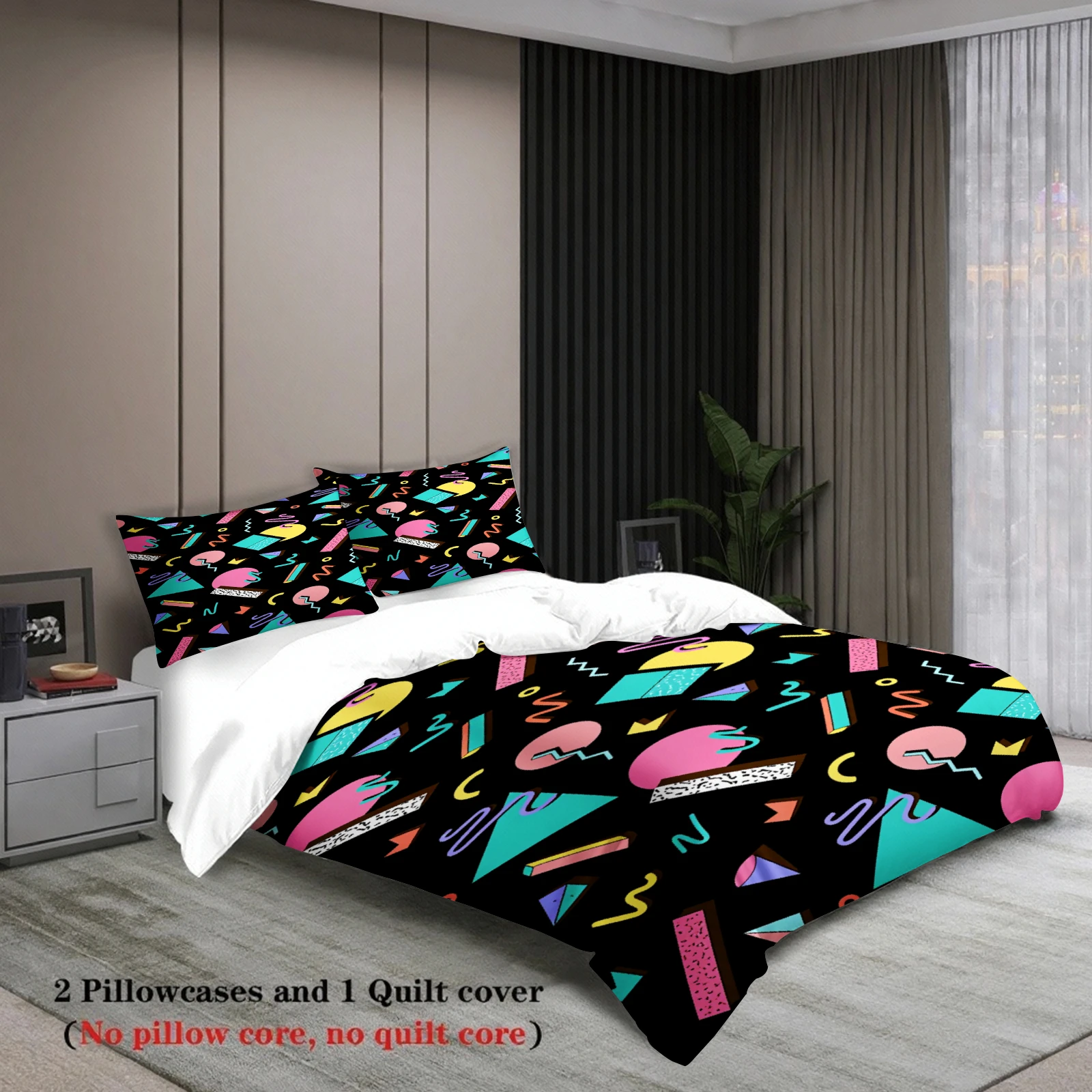 Neon Color Geometric Blocks Lines Bedding Set 3PCS Duvet Cover No Insert Black Background Queen Size Retro Style Room Decor