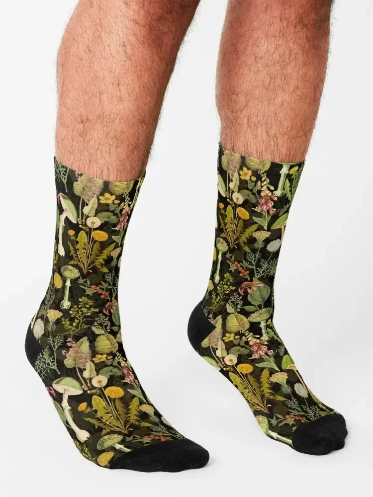 Vintage toxic mushrooms and wildflowers forest pattern on black Socks christmas stocking heated hiking Socks Girl Men's