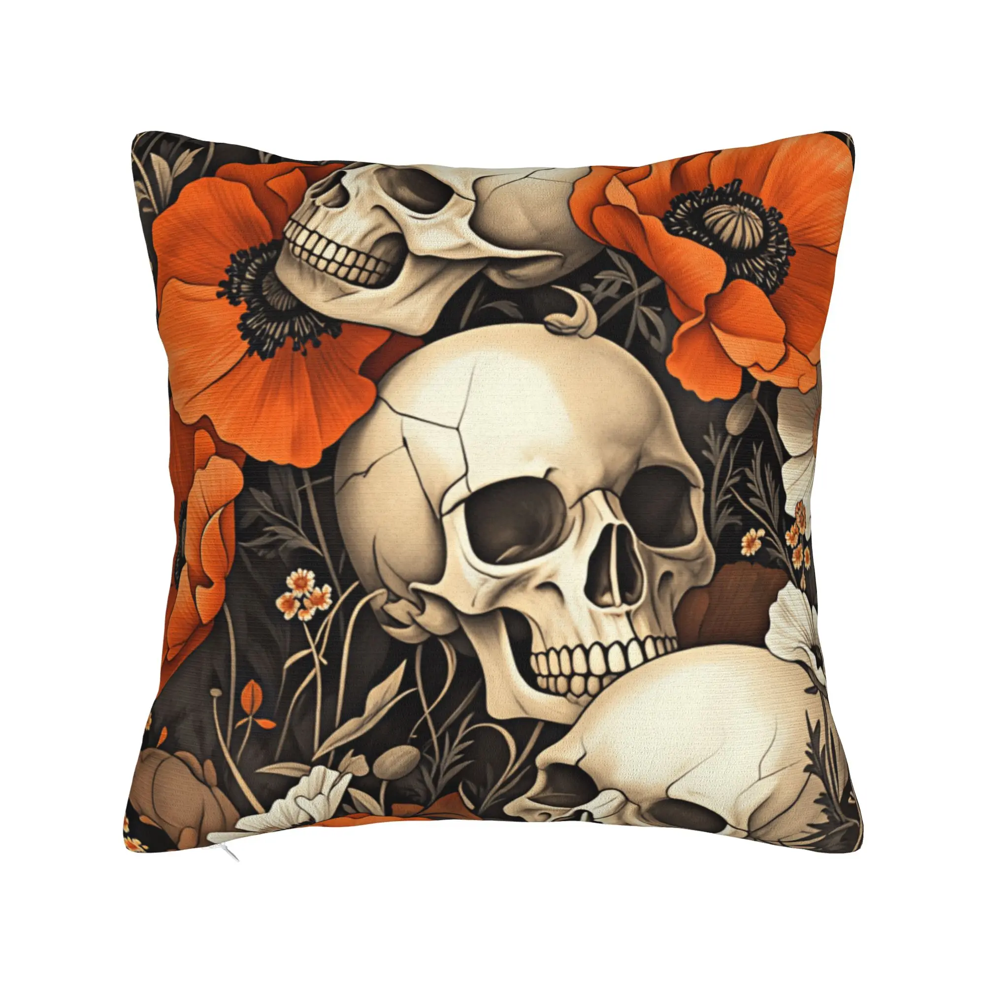 Pillow Cover Skull Orange Poppy Flower Seamless Pattern  Kawaii Pillow Case For Office Car Home Decor Pillowcases