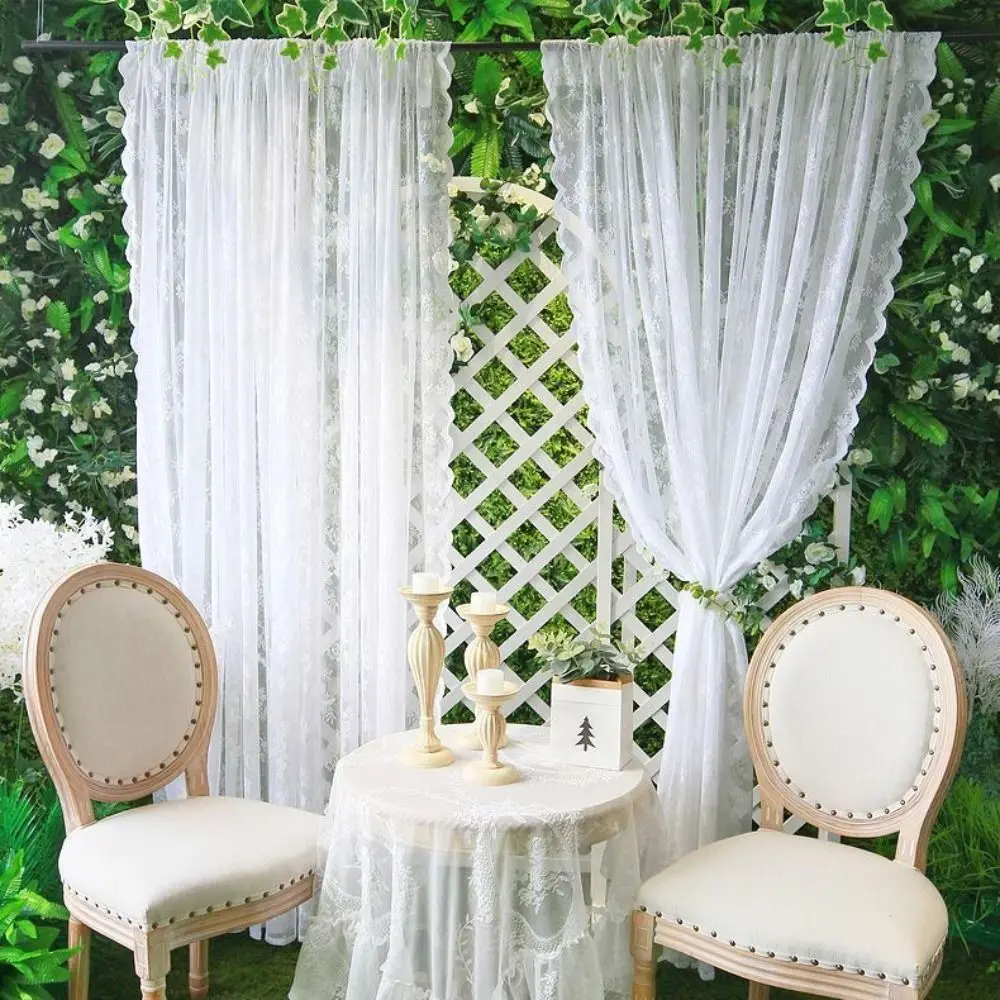 

Romantic Embroidery Floral Lace Curtain Transparent Breathable Sheer Curtain Wavy Edge Window Drape Shade Rental House