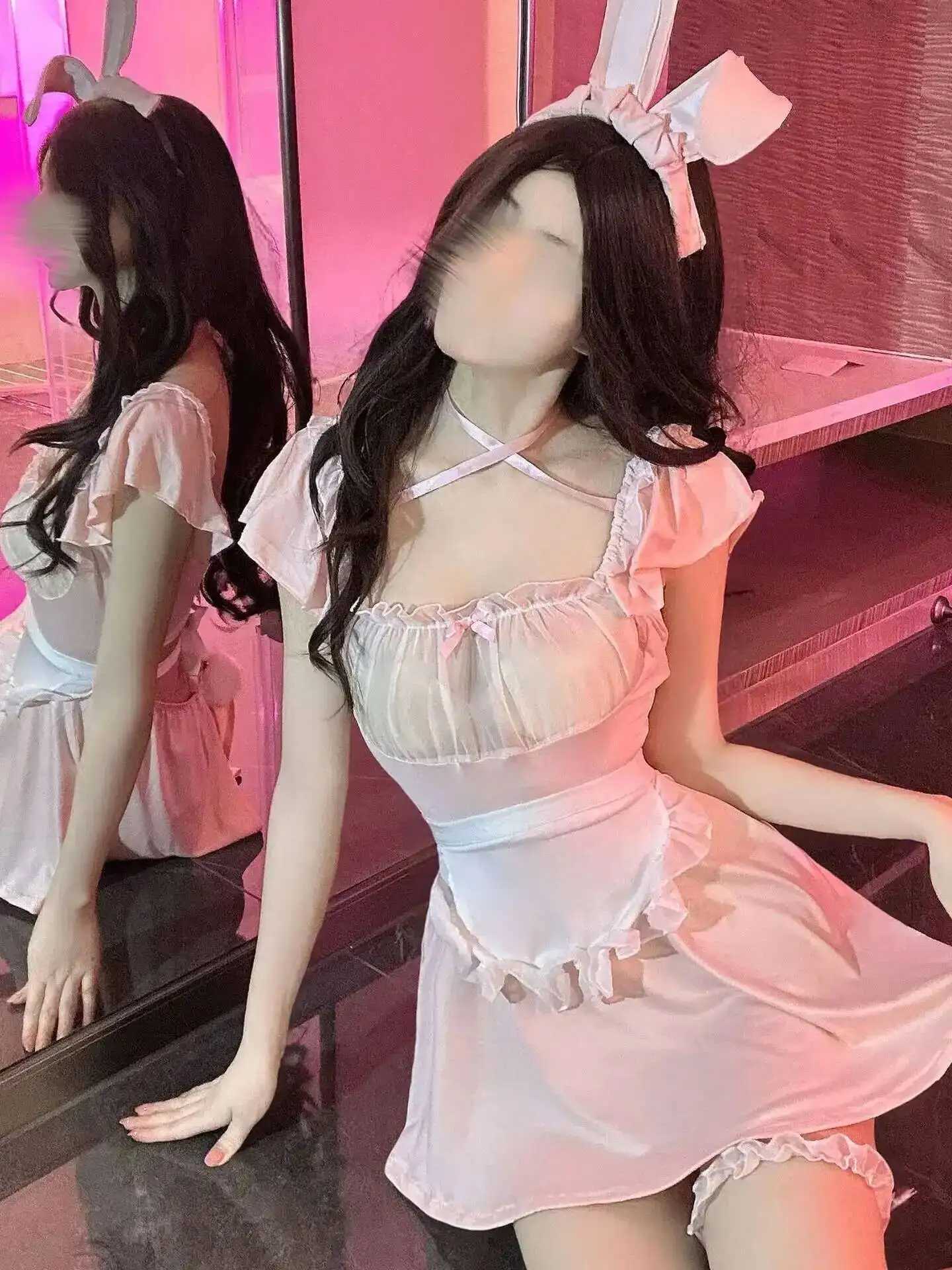 에로틱 SM 메쉬 시스루 핑크 메이드 탑 섹시 레이스 서스펜더 버니걸 유니폼 여성 드레스 우아한 2025 신상 탑 한국 IQI4