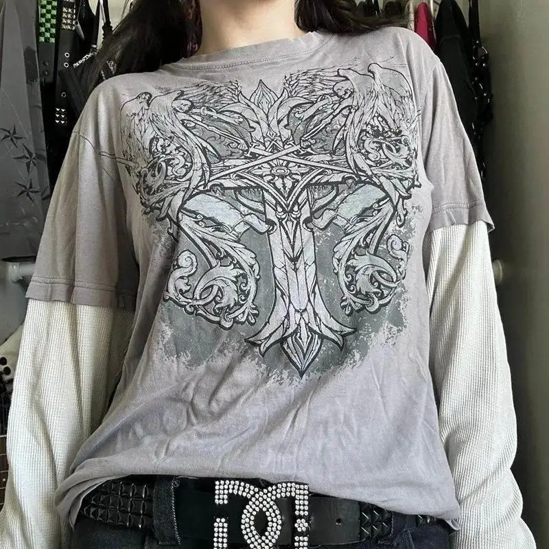 Retro Harajuku Sle Women's Cross Print T-irt Y2K Cyber Unge 00s Vintage aphic Tee ex Faion Ladies' Top