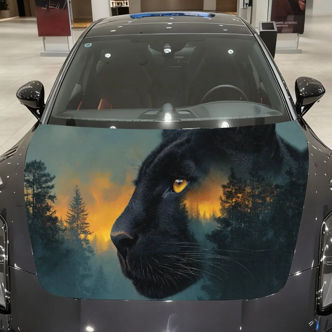 

Forest Flame Panther Car Vinyl Wrap, PVC Material Waterproof Car Hood Sticker, Self-Adhesive Scratch-Resistant Stickers for Engi