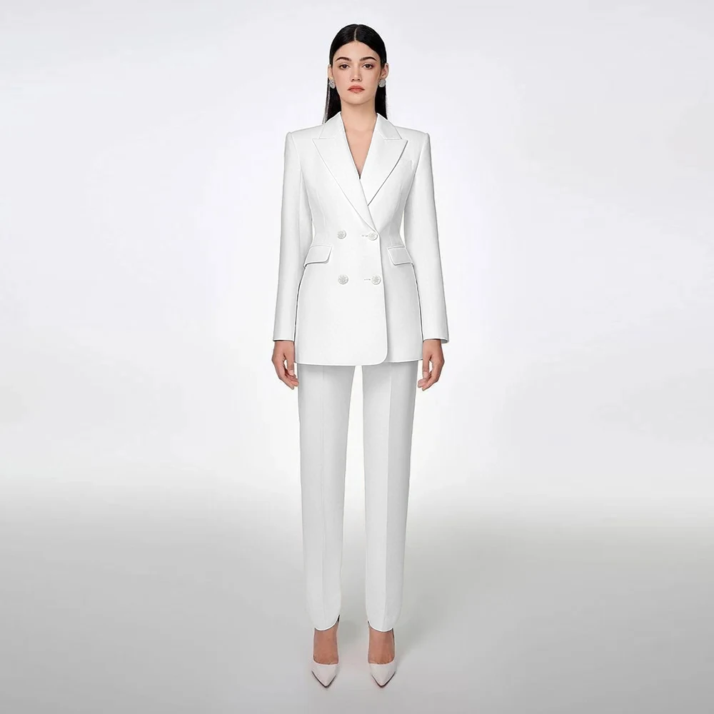 

Белый тонкий женский костюм из двух предметов, двубортный пиджак с лацканами и брюками, комплекты для офиса, банкета, свадьбы, элегантной женской одежды