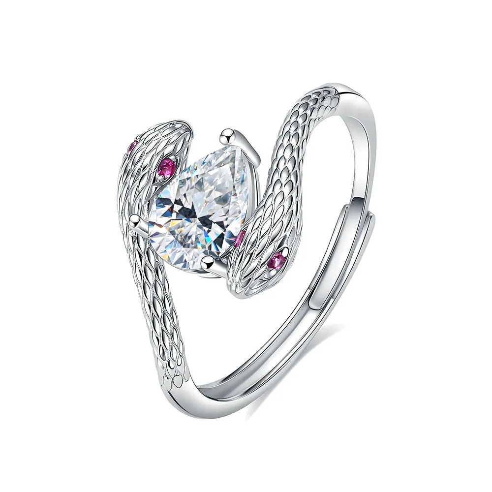 

S925 Rhodium Plated Silver 0.8CT D Color Pear Shape Moissanite Double Snake Open Ring for Women, Exquisite Jewelry