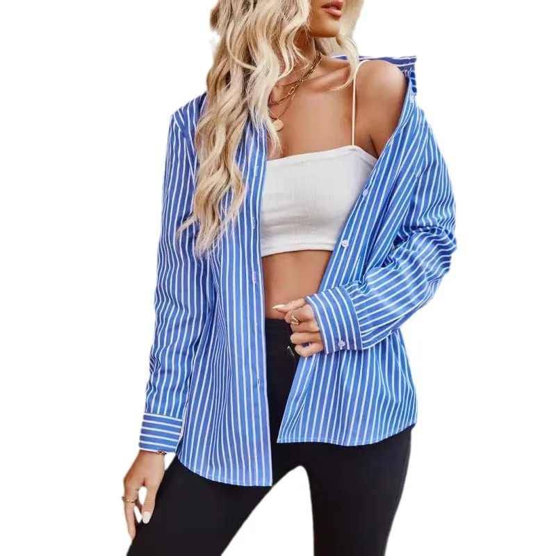 2025 Women's New Fashionable Casual Striped Long Sleeve Button Shirt for Commuting and Vacation Sunscreen T Shirt  Camisetas
