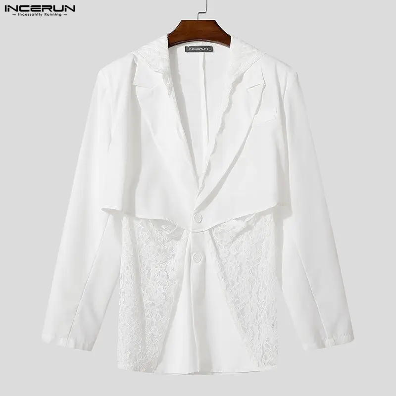 

INCERUN Men Blazer Lace Patchwork See Through Hooded Long Sleeve Male Suit Streetwear Button Fashion Sexy Male Thin Coats S-5XL