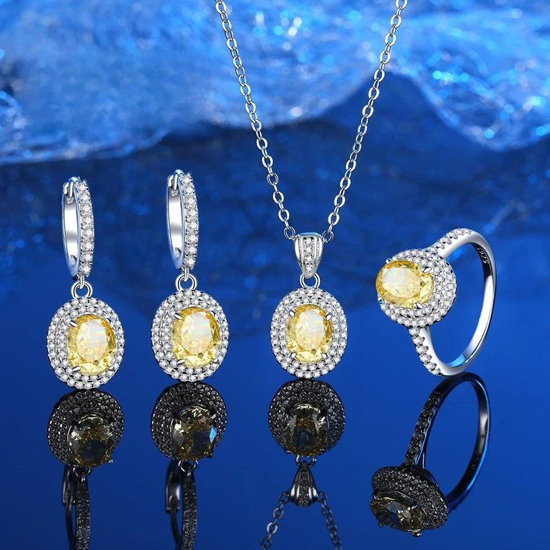 

Dazzling PT950 Platinum Ice Flower Cut Gold Yellow Diamond Three Piece Set Ring Necklace Ear Hanging Color Treasure Set Jewelry