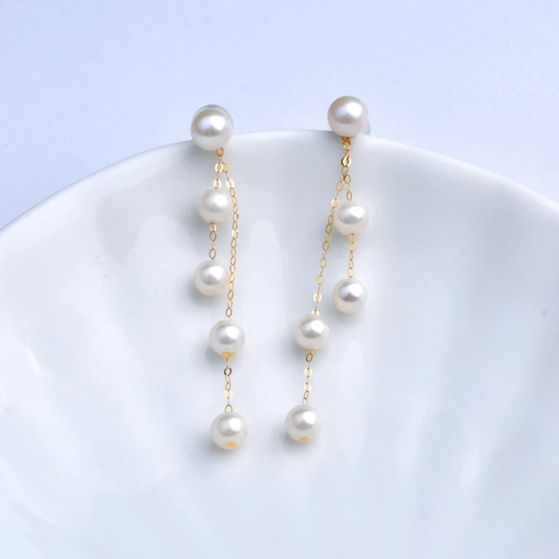 

NYMPH Fine Jewelry 18K Gold Earrings Pure AU750 Natural Akoya Pearl Round Anniversart Gift For Women Long E631