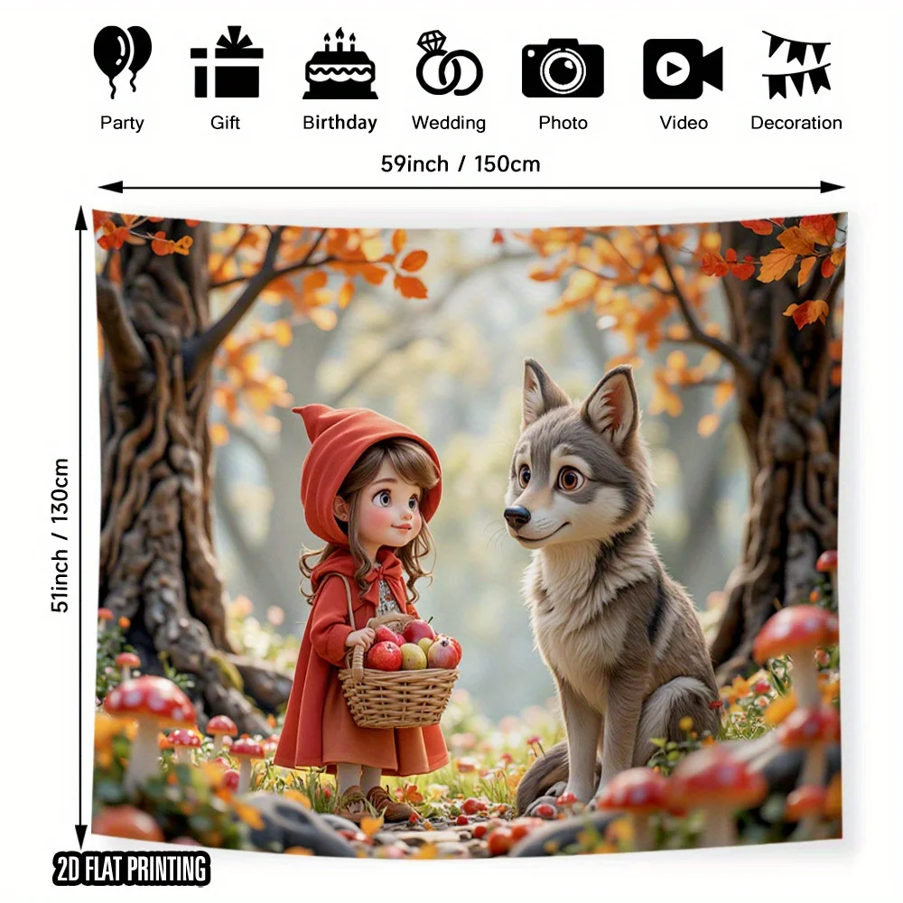 1 Stück Rotkäppchen und großer schlechter Wolf, Waldszene, Polyester-Hintergrundstoff – Porträt, Hochzeit, Party, Heimdekoration
