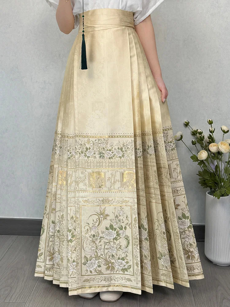 

New Qingyuan Hanfu Fan Screen Dance Flower Embroidered High Waist A-Line Skirt Traditional Chinese Culture Sle