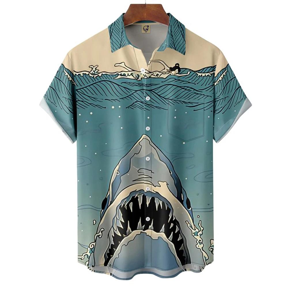 Neue Herren hemden 3d Tier druck Kleidung Mode Knopf Kurzarm Revers Streetwear Shirt für Männer Hawaii Hai Bluse T-Shirt