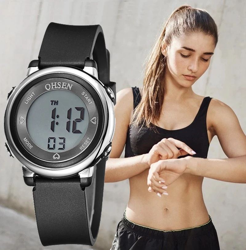 OHSEN Women Watches Digital LCD Watch Black Silicone Strap Kids Children Waterproof Wristwatch Sport Electronic relogio feminino