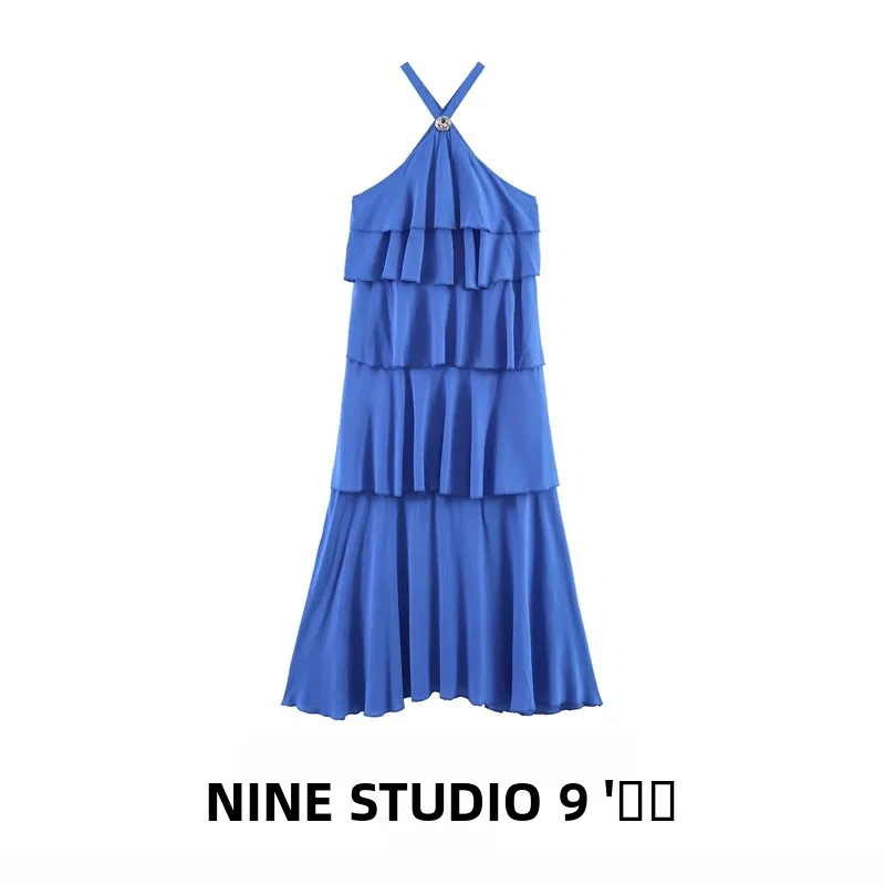 

Женское длинное платье NINE ZAR без бретелек, однотонное, с многослойным декоративным воротником, повседневное, А-силуэт, из полиэстера