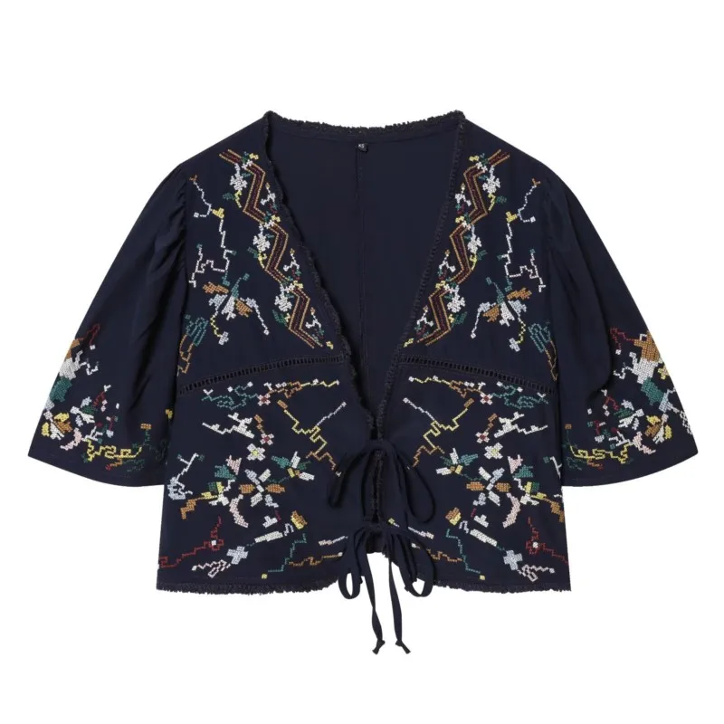 

Женский укороченный топ с цветочной вышивкой, новинка весна-лето, простой V-образный вырез, короткий рукав, женские рубашки и блузки, женские топы