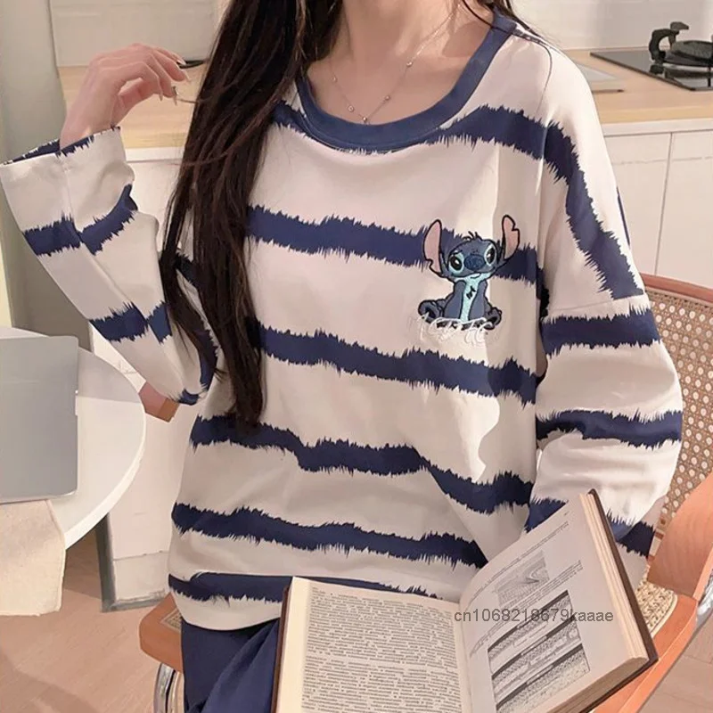 Disney Stitch Women Striped Chest Cushion Sleepwear Spring Autumn New Long Sleeved Pants Set Korean Style Cute Cartoon Home Wear