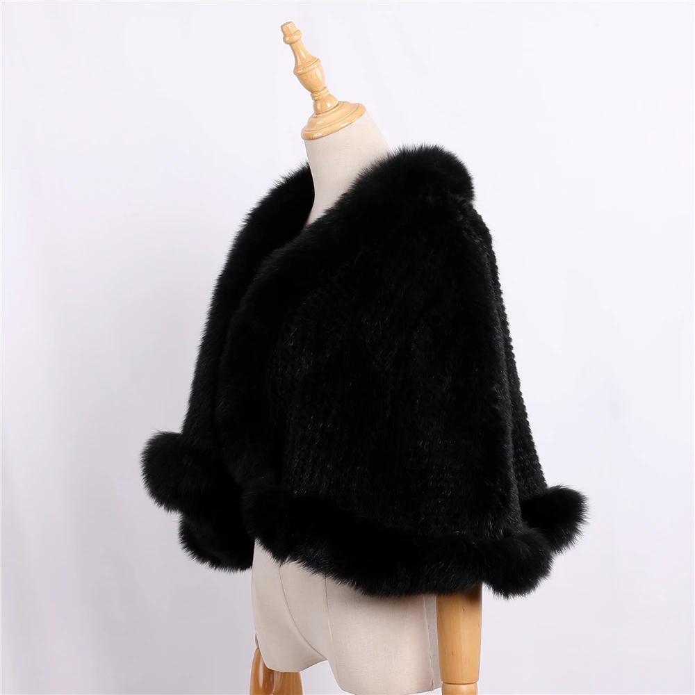 Luxury New Genuine Mink Fur Knitted Shawl Wrap Opera Cape Fox fur Triming women Lady mink fur coat Jacket Stole Amice Pashmina