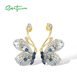 SANTUZZA Real 925 Sterling Silver Stud Earrings For Women Sparkling Blue Spinel White CZ Gorgeous Drop Butterfly Fine Jewelry