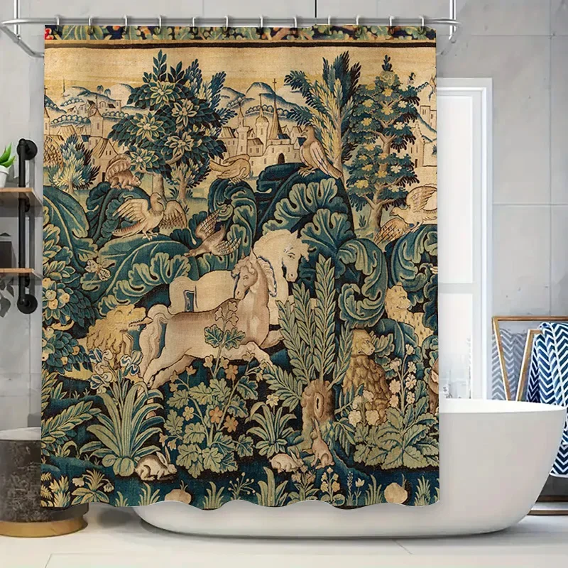Rustic Vintage Wall Tapestry: Floral Animal Embroidery Art for Bedroom, Living Room Decor Green Blue Gold Tonal Colors (72 x 54