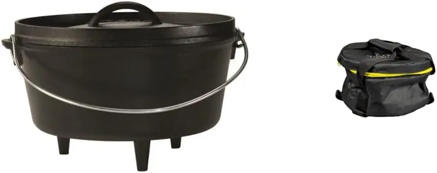 

L10DCO3 Cast Iron Deep Camp Dutch Oven, Pre-Seasoned, 5-Quart and 10 Inch Camp DO Tote Bag,Black