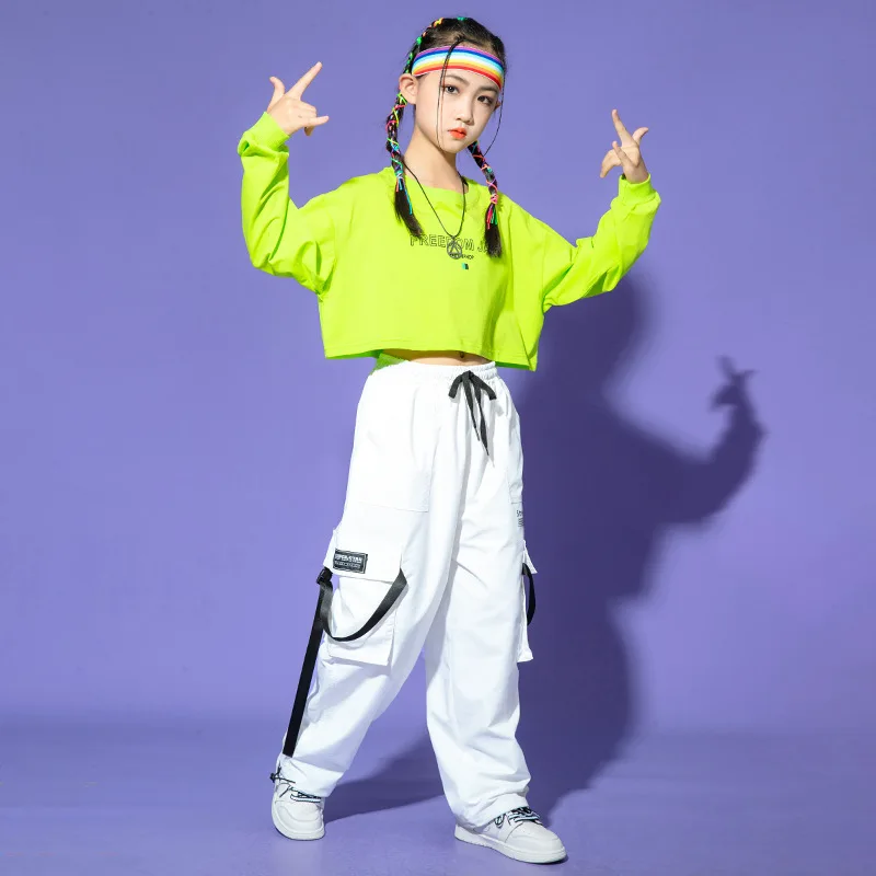 Tactical Cargo Pants for Girl Jazz Dance Costume Clothes Kid Hip Hop Clothing Crop Top Long Sleeve T Shirt Tee White Streetwear