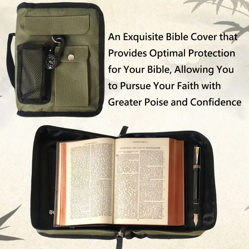 Army Green Bible Cover for Men with Compass Carabiner Book Covers for Boys Scripture Tote Bible Case