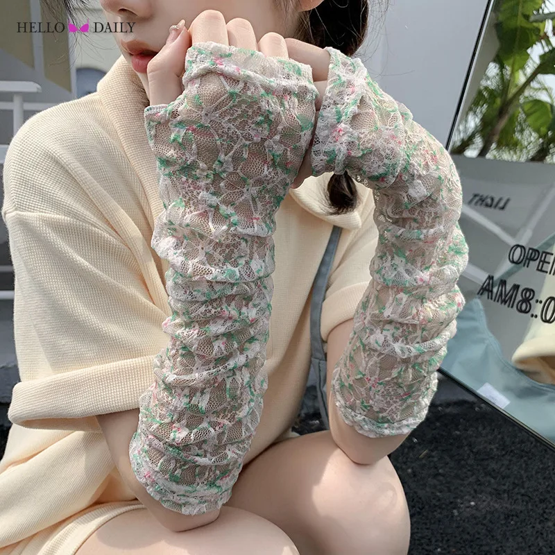 Summer Sun Protection Sleeves Women Fashion Floral Mesh Lace Thin Long-Sleeved Breathable Cycling Gloves Driving Arm Sleeves